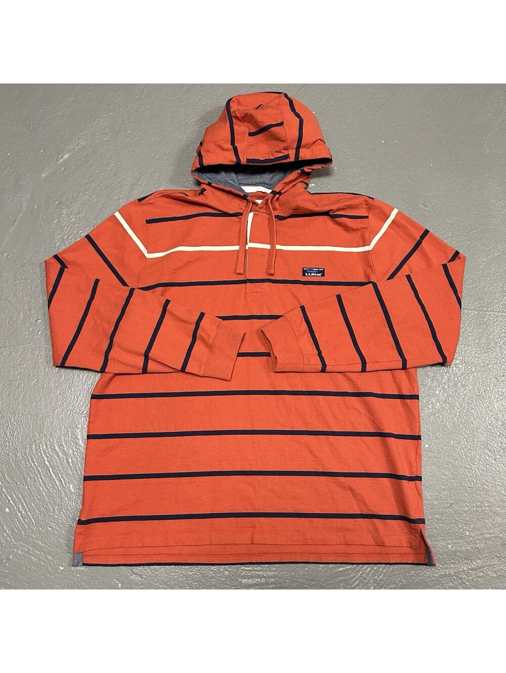 L.L. Bean Rugby Traditional Hoodie Orange Striped Navy White Size XL